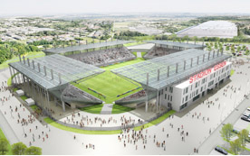 Das neue Essener Stadion wird Platz für 20.000 Besucher bieten. Architektonisches Highlight ist die markante Dachkonstruktion mit weit in das Spielfeld ragenden Pylonen.  